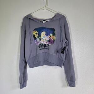 Disney Alice in Wonderland Cropped Hoodie XS Purple Graphic Pullover